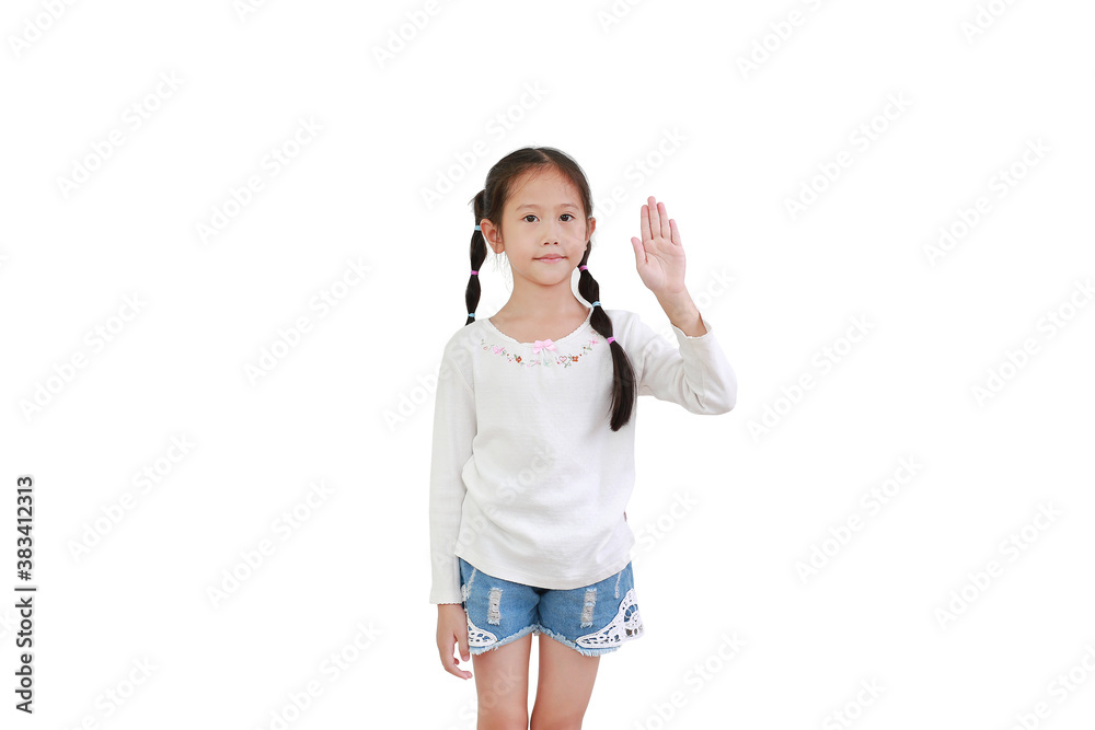 Portrait asian little child girl shows palm hand isolated on white background. Kid gestures five fingers with looking camera. Portrait asian little child girl shows palm hand isolated on white background. Kid gestures five fingers with looking camera.