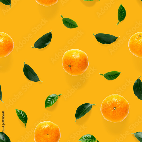 Mandarine seamless pattern  tangerine  clementine isolated on orange background with green leaves. Collection of fine seamless patterns.