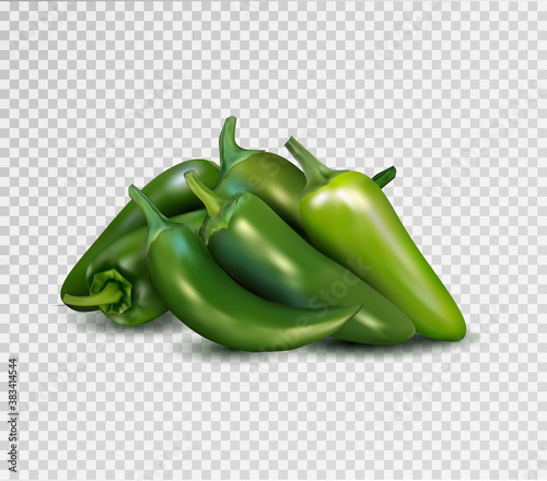 Hot green pepper on transparent background. Jalapeno groupe. Quality realistic vector, 3d illustration.
