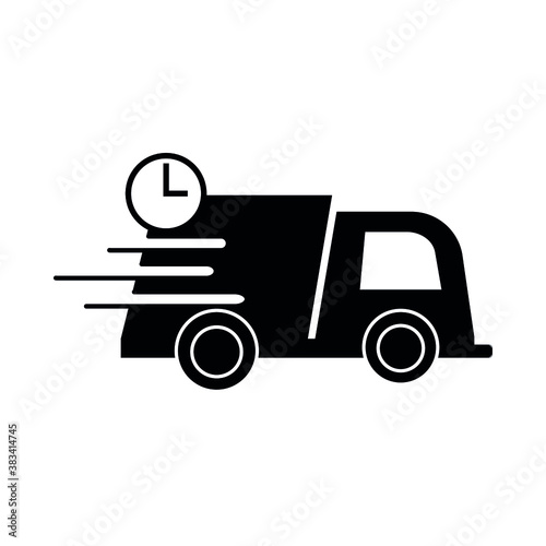 Fast delivery truck minimalist vector icon for app and website. Express delivery with a striped symbol indicating the speed and a clock logo indicating speed in short time.