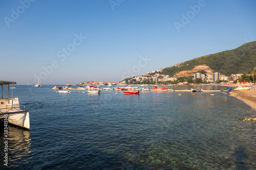 Panorama of the city of Budva in the rays of the rising sun