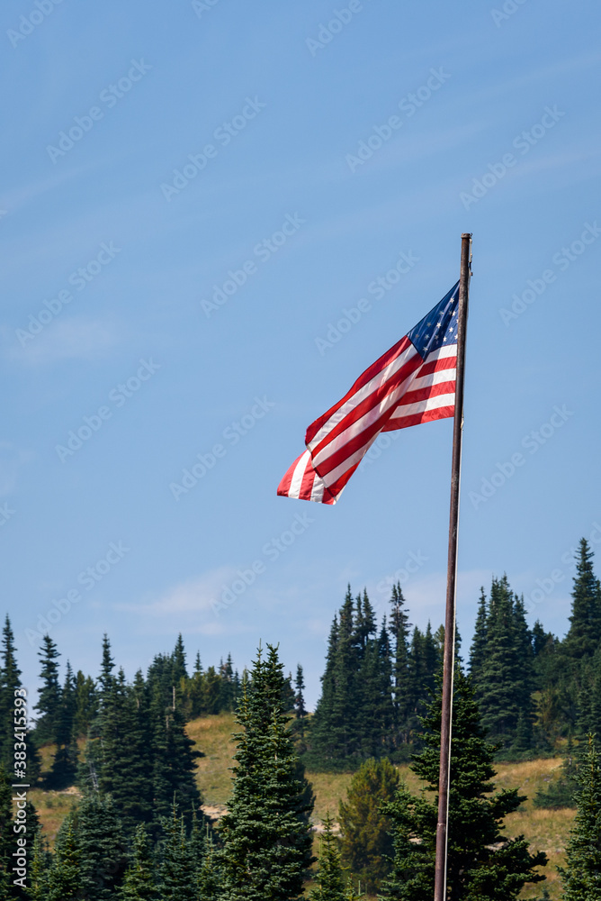 American flag flying in a breeze at sunrise area of Mt. Rainier National park
