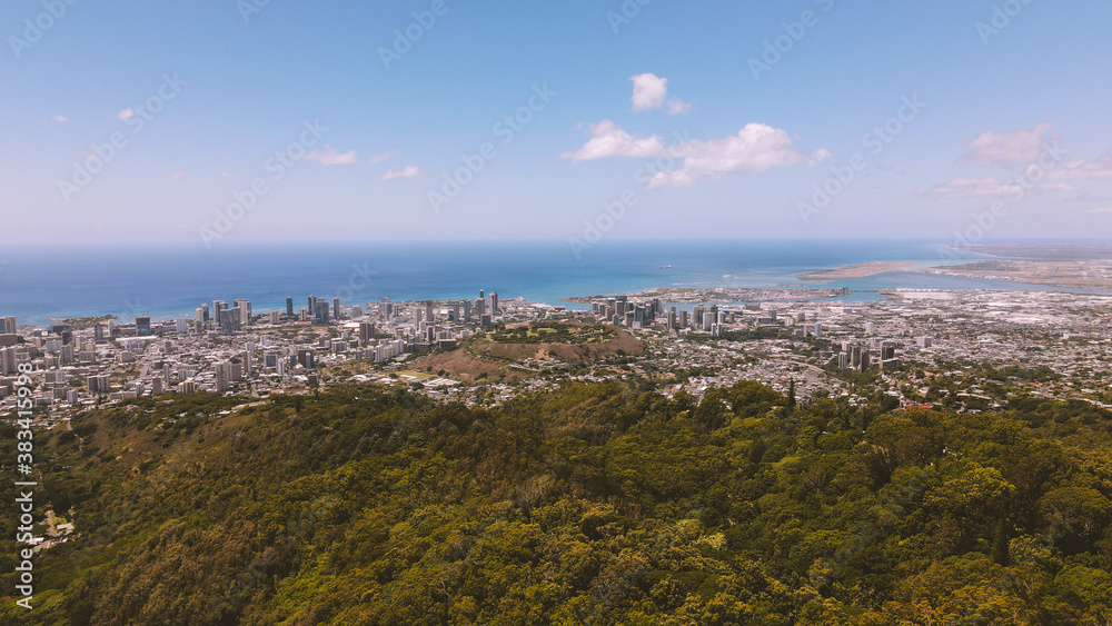 Aerial City of Honolulu, House in the forest, Oahu, Hawaii