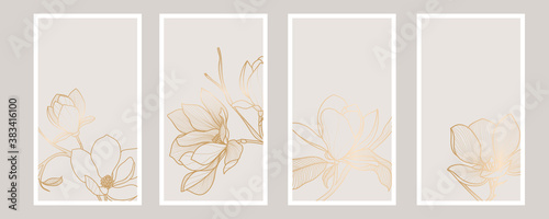 Luxury magnolia background vector with golden metallic decorate wall art