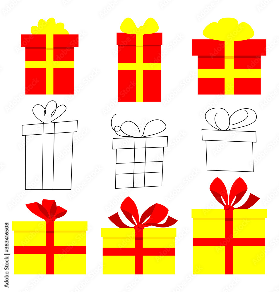 Cartoon illustrated Gift box vector icon set. Collection for Birthday, Christmas Presents. Flat design celebration sign isolated on white.