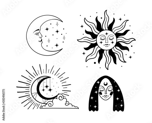 Set of beautiful black mystical elements in boho style, sun and crescent with a face, the moon, a female face with stars. Elements for design, tattoo. Vector illustration isolated on white background.