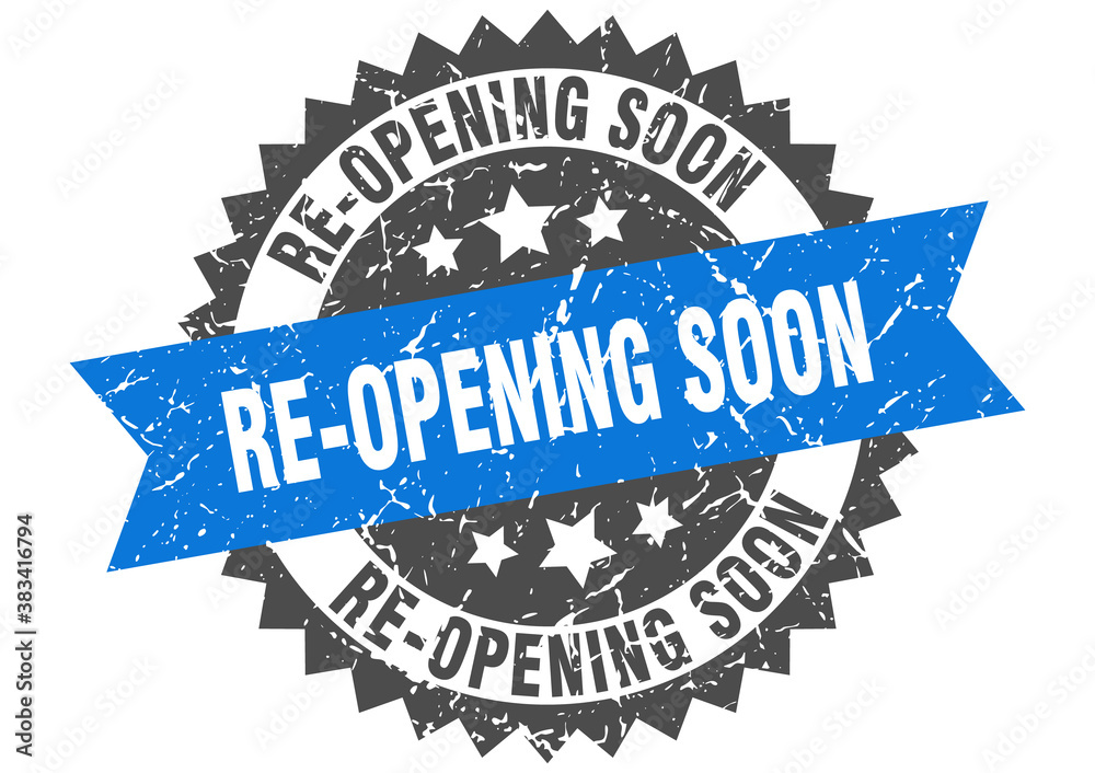 Obraz premium re-opening soon stamp. grunge round sign with ribbon