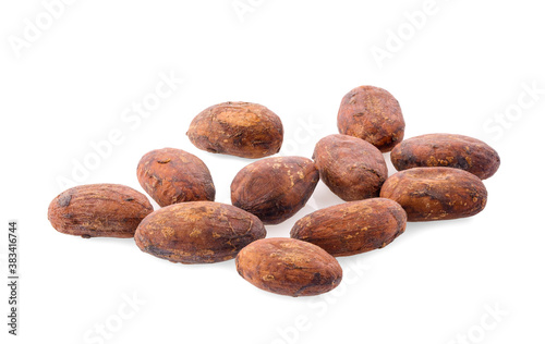 cacao beans, isolated on white background. Roasted and aromatic cocoa beans, natural chocolate.