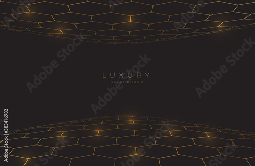 Modern black background textured with abstract gold hexagon pattern. Hi-tech futuristic techno concept virtual background