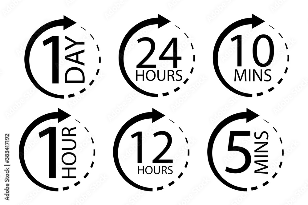 Clock icon with different times. Delivery or service symbol. Day, hour, minute of work. Vector illustration. Stock images.