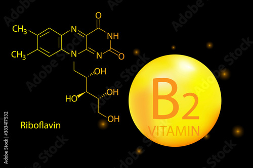 Vitamin B2. Healthy lifestyle symbol. Yellow ball on a black background. Vector illustration.
