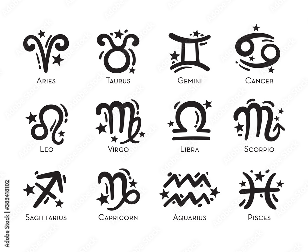 Vector illustration cute zodiac astrology signs including Aries, Taurus, Gemini, Cancer, Leo, Virgo, Libra, Scorpio, Sagittarius, Capricorn, Aquarius and Pisces. - obrazy, fototapety, plakaty 