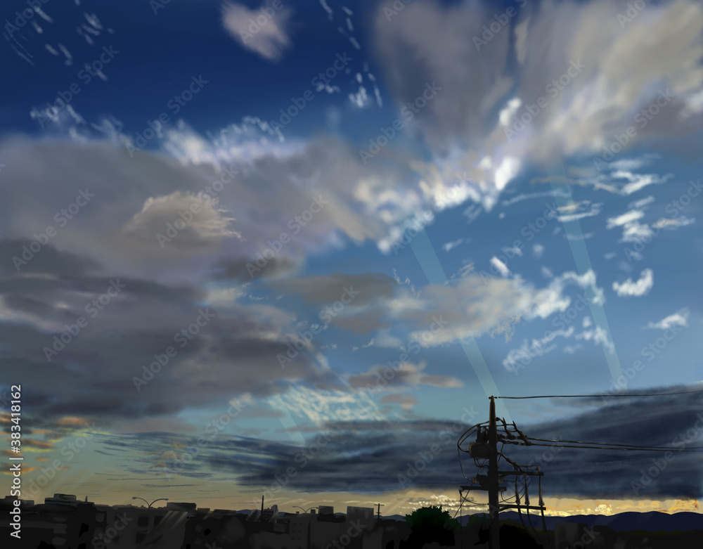 Obraz premium 日本のアニメ背景の夕日 水彩画