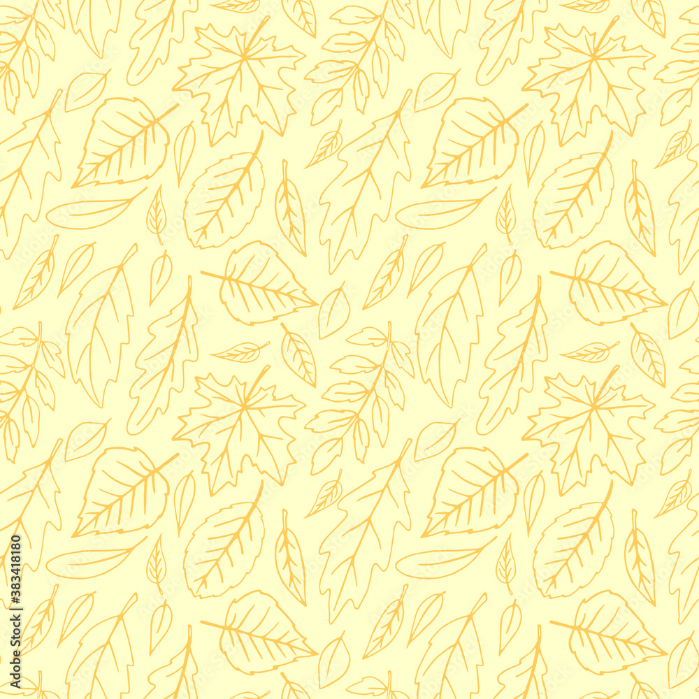 Fototapeta premium Seamless pattern falling leaves. Vector autumn texture isolated, hand drawn in sketch style, orange outline. Concept of forest, leaf fall, nature