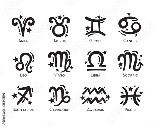Vector illustration cute zodiac astrology signs including Aries, Taurus, Gemini, Cancer, Leo, Virgo, Libra, Scorpio, Sagittarius, Capricorn, Aquarius and Pisces. photo