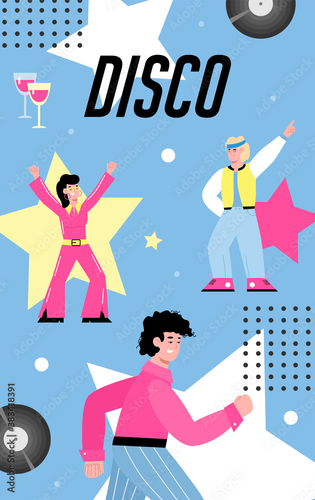 Fotografie Disco party banner or card layout with bright colorful cartoon disco dancers, flat vector illustration on blue background