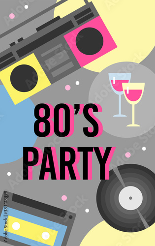 80s retro music party invitation background with bright items of eighties years music recorder, flat cartoon vector illustration. 1980s fashion style party banner.
