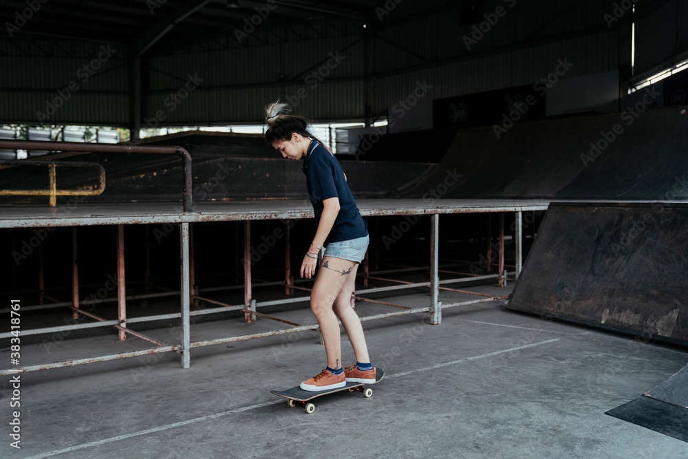Skate board player woman on stand on a board. Skate board player woman on stand on a board.
