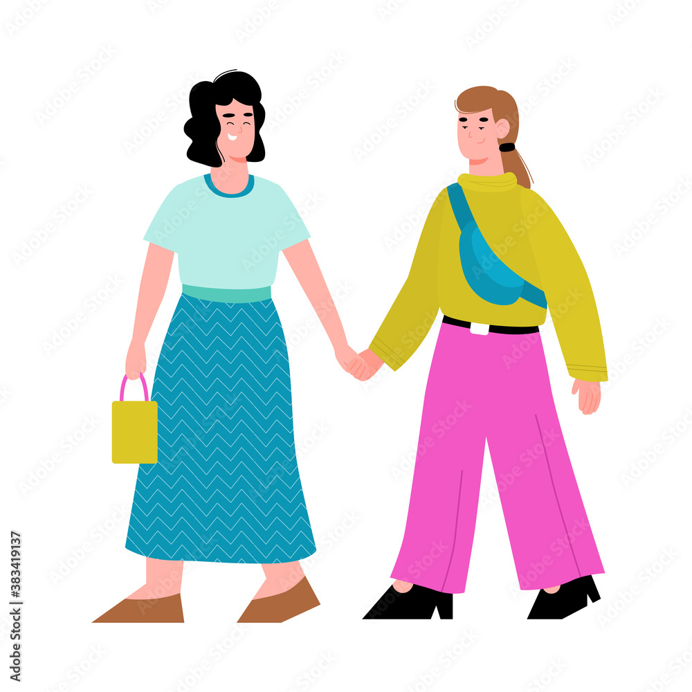 Young women lesbian couple or LGBT activists cartoon characters walking holding hands, flat vector illustration isolated on white background. LGBT community pride day.