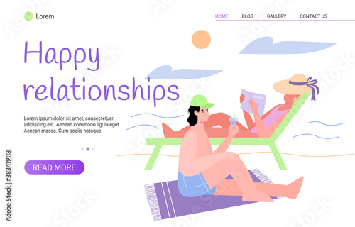 Happy relationship web banner template with couple spending summer vacation together, flat vector illustration. Landing page layout to reinforce pair bond.