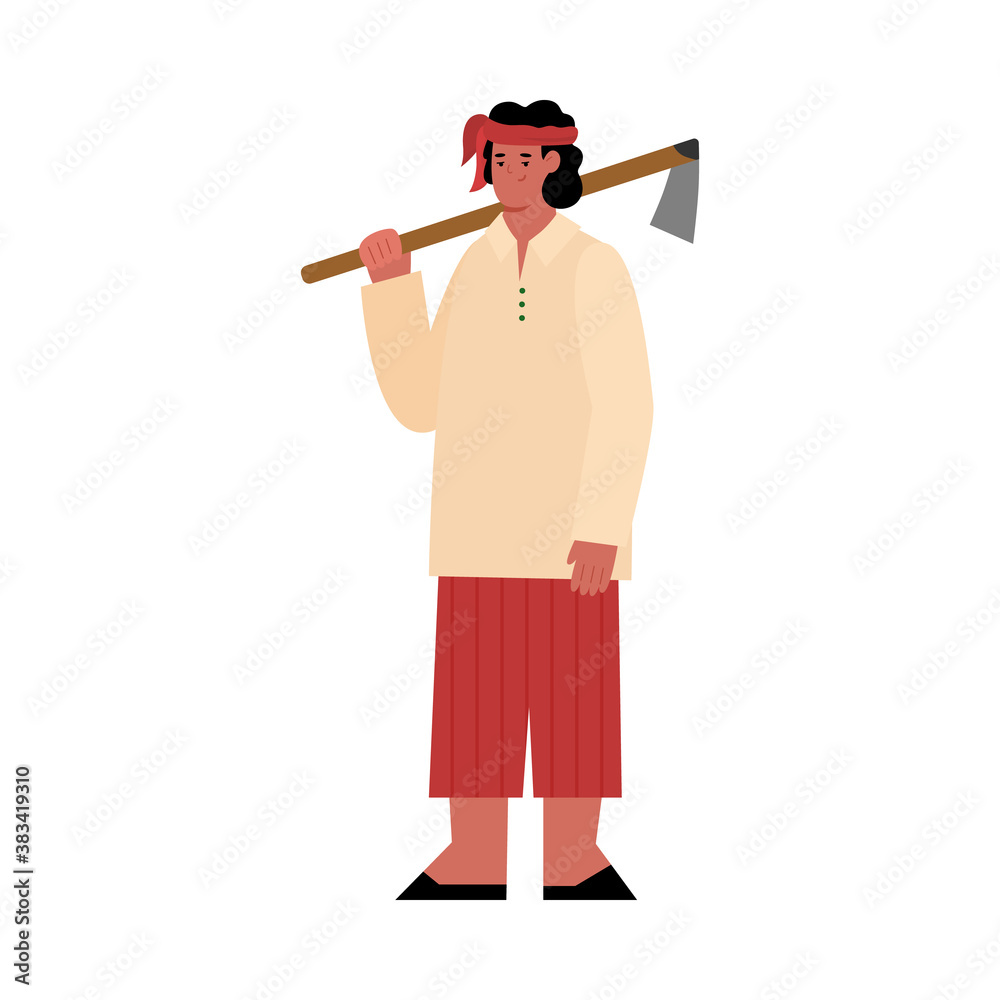 Male character of an indian farmer with hoe. Traditional agriculture tool. Flat cartoon vector illustration isolated on a white background. Male character of an indian farmer with hoe. Traditional agriculture tool. Flat cartoon vector illustration isolated on a white background.