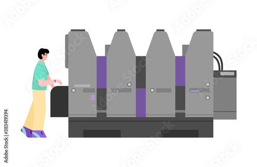 Man working on equipment for offset polygraphy, cartoon flat vector illustration isolated on white background. Printing house facilities or equipment element.