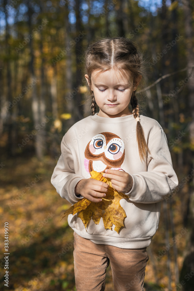 Moscow /Russia -10 04 2020: Happy little girl resting and walking in nature in the autumn forest near the lake in Moscow region of Russia with yellow and orange autumn leaves