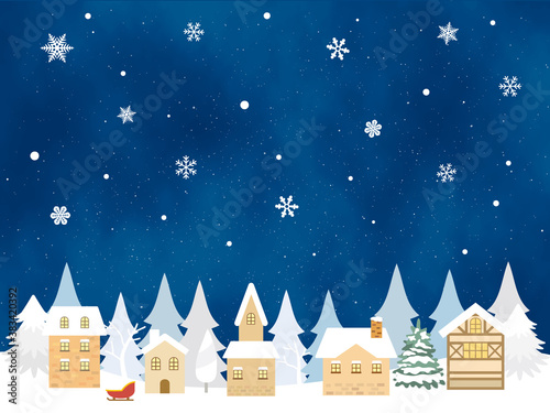 雪景色　街　風景イラスト　青