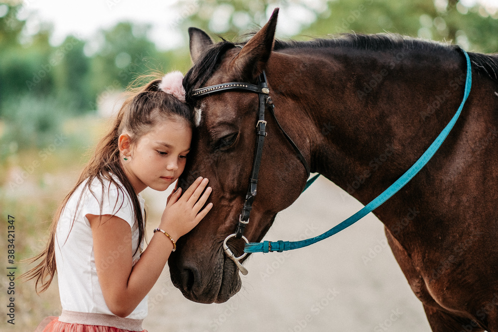 Obraz premium Friendship of a child with a horse. A little girl is affectionately stroking her horse. Walking girls with a horse in the park in autumn.
