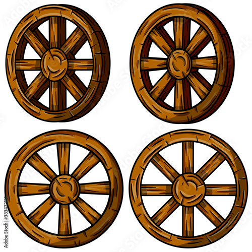 Set of old wooden cart wheels. Brown Detail of wagon with cracks. A village vehicle in the wild West. Hand drawn cartoon illustration