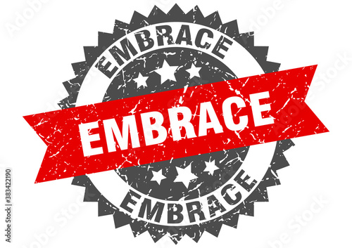 embrace stamp. grunge round sign with ribbon
