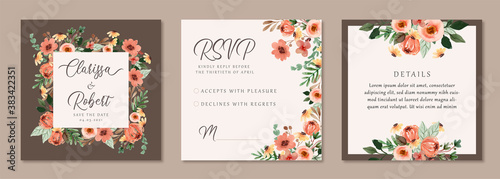  Wedding Invitation with Warm Brown Vintage Floral Watercolor