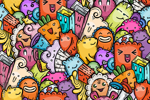 Kawaii doodle smiling monsters seamless pattern for child prints  designs and coloring books