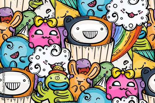 Kawaii doodle smiling monsters seamless pattern for child prints, designs and coloring books photo