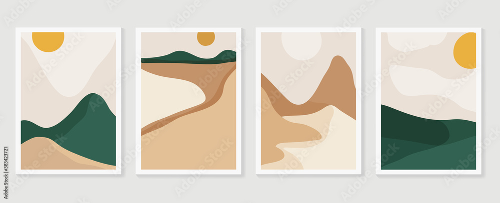 Mountain wall art vector set. Earth tones landscapes backgrounds set with moon and sun.  Abstract Plant Art design for print, cover, wallpaper, Minimal and  natural wall art. Vector illustration..