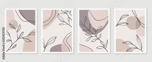 Botanical wall art vector set. Earth tone boho foliage line art drawing with  abstract shape.  Abstract Plant Art design for print, cover, wallpaper, Minimal and  natural wall art.