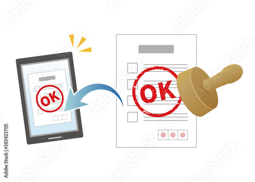 電子印鑑 承認 OKのイメージイラスト（タブレット端末）