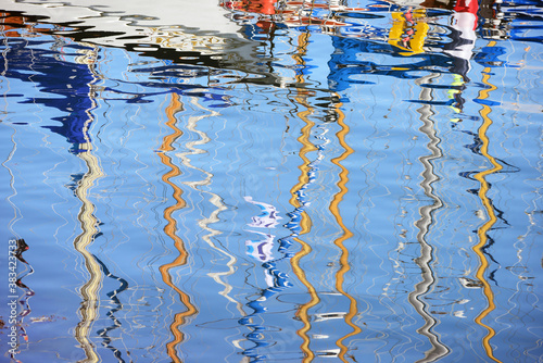 Reflections of sail boat masts in calm harbour water, Brest France
