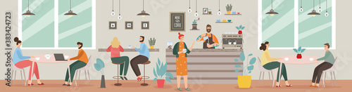 Cafe interior with people sitting at tables and barista serving coffee