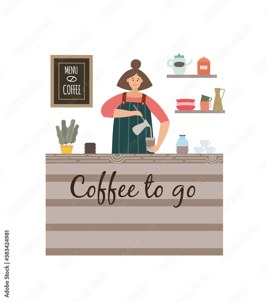 Coffee to go counter with barista girl pouring drink into cup. Coffee to go counter with barista girl pouring drink into cup.