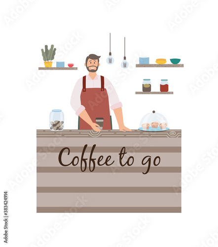 Flat isolated vector illustration of male baristas making coffee in coffee shop