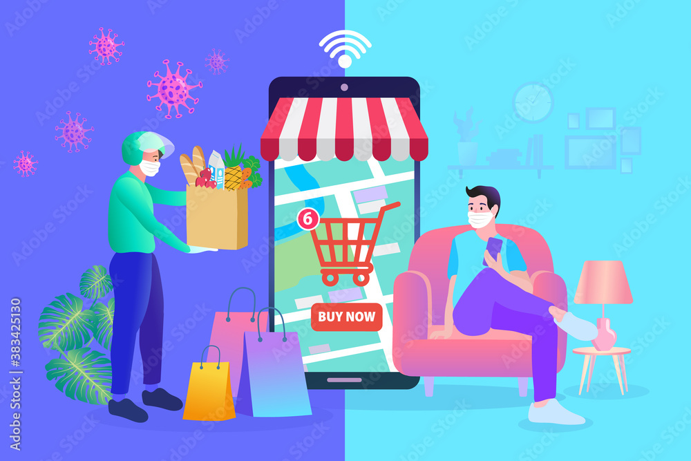 Many people use online shopping services. Smartphone marketing and e-commerce. Vector illustration