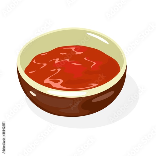 Spicy and salted korean dish kimchi is in brown ceramic bowl. Traditional asian food made with napa cabbage, radish, scallion, tomatoes, chili powder, garlic, ginger etc. Vector isolated on white.