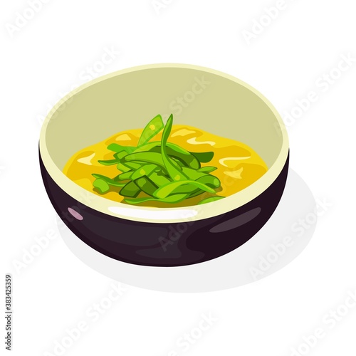 Honey mustard sauce, paste with greenery is in ceramic black bowl. Yellow spicy and sweet korean food. Best condiment for sandwiches, vegetables, grilled or roasted meat. Vector isolated on white.