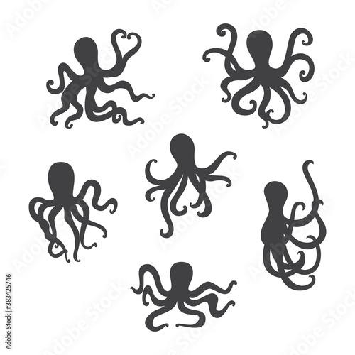 Set of sea octopus black silhouettes flat vector illustration isolated.
