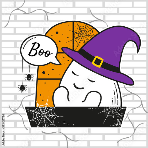 Boo! cute ghost day dreaming at the window. Halloween illustration