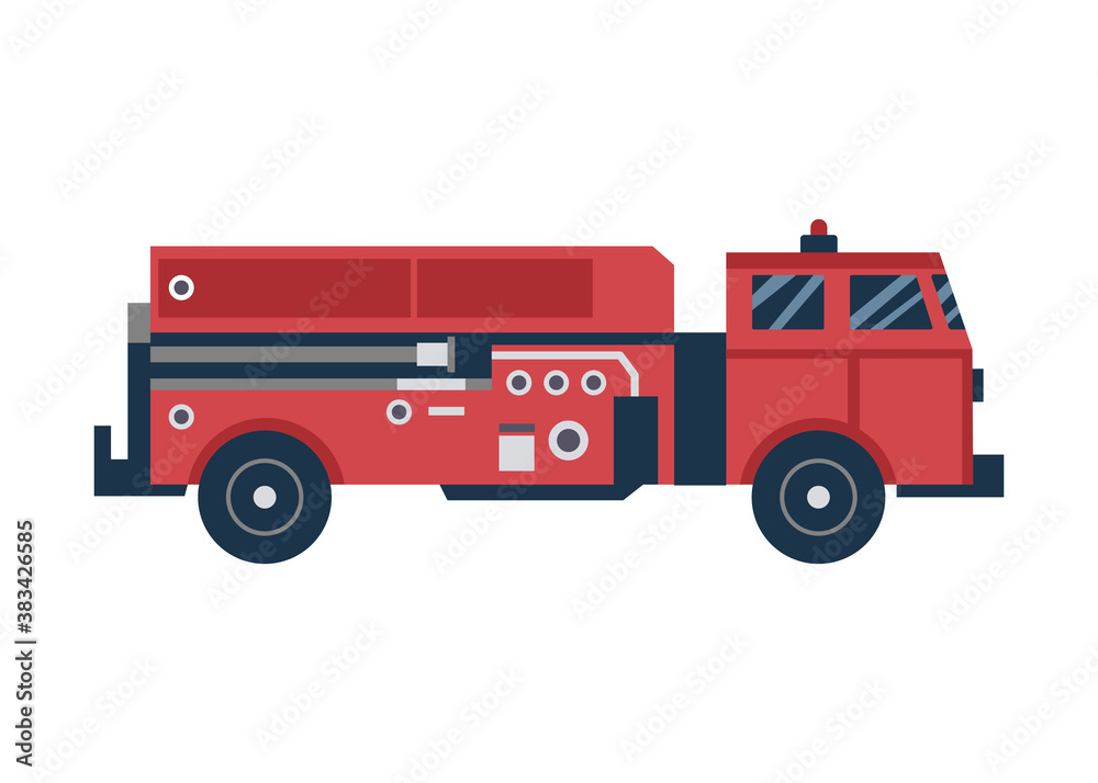 Cartoon icon of red firetruck or car, flat vector illustration isolated on white.