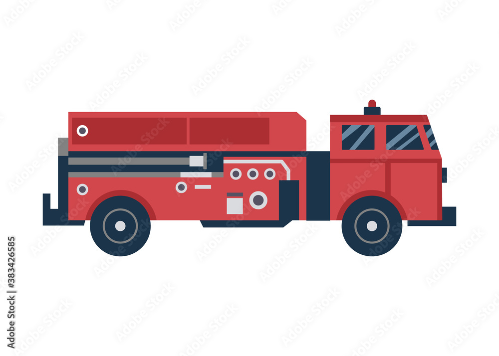 Cartoon icon of red firetruck or car, flat vector illustration isolated on white. Cartoon icon of red firetruck or car, flat vector illustration isolated on white.