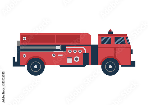 Cartoon icon of red firetruck or car, flat vector illustration isolated on white.