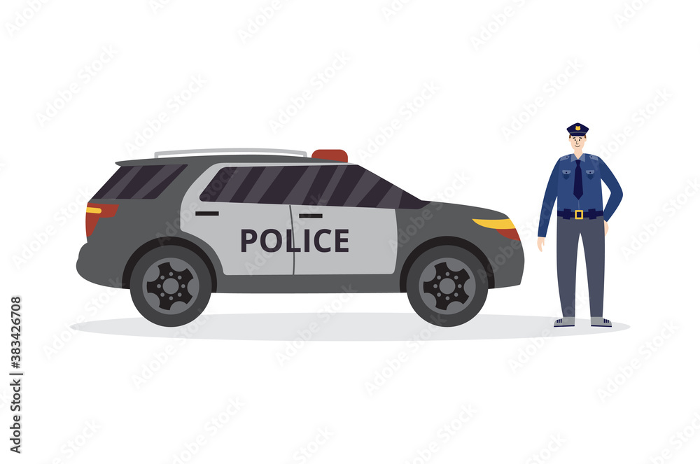Flat vector isolated illustration of policeman officer near the police car. Flat vector isolated illustration of policeman officer near the police car.